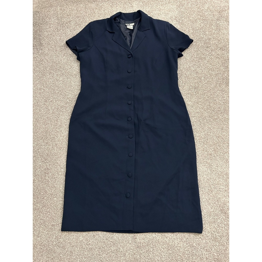 90s I.N. Studio Button Front Dress Womens 10 Navy Blue Excellent Short Sleeve